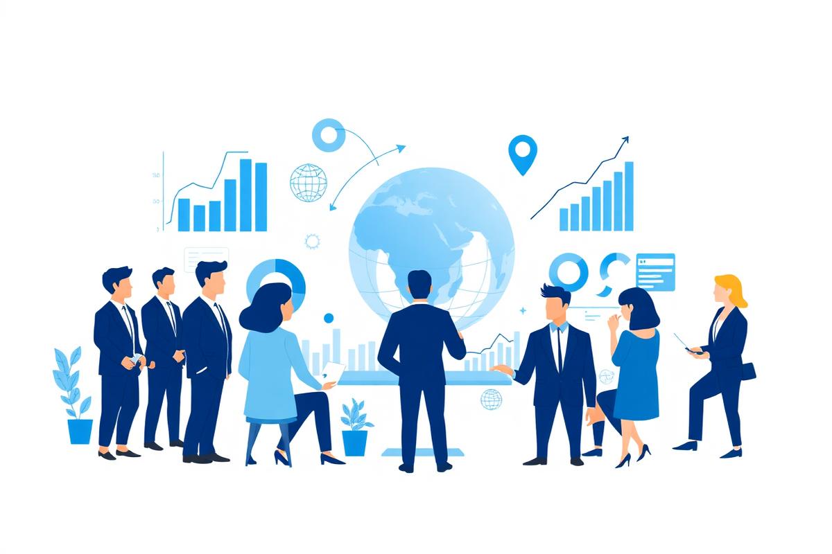 Illustration of a business team collaborating around market data charts and a globe